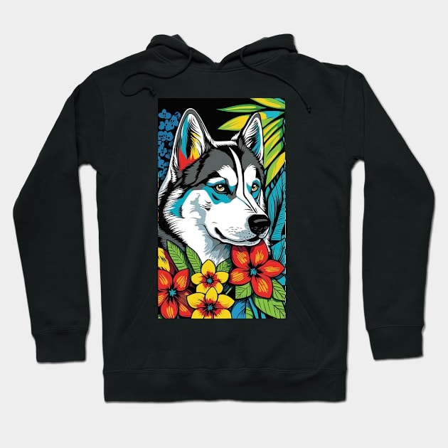 Husky Dog Vibrant Tropical Flower Tall Retro Vintage Digital Pop Art Portrait Hoodie by ArtHouseFlunky